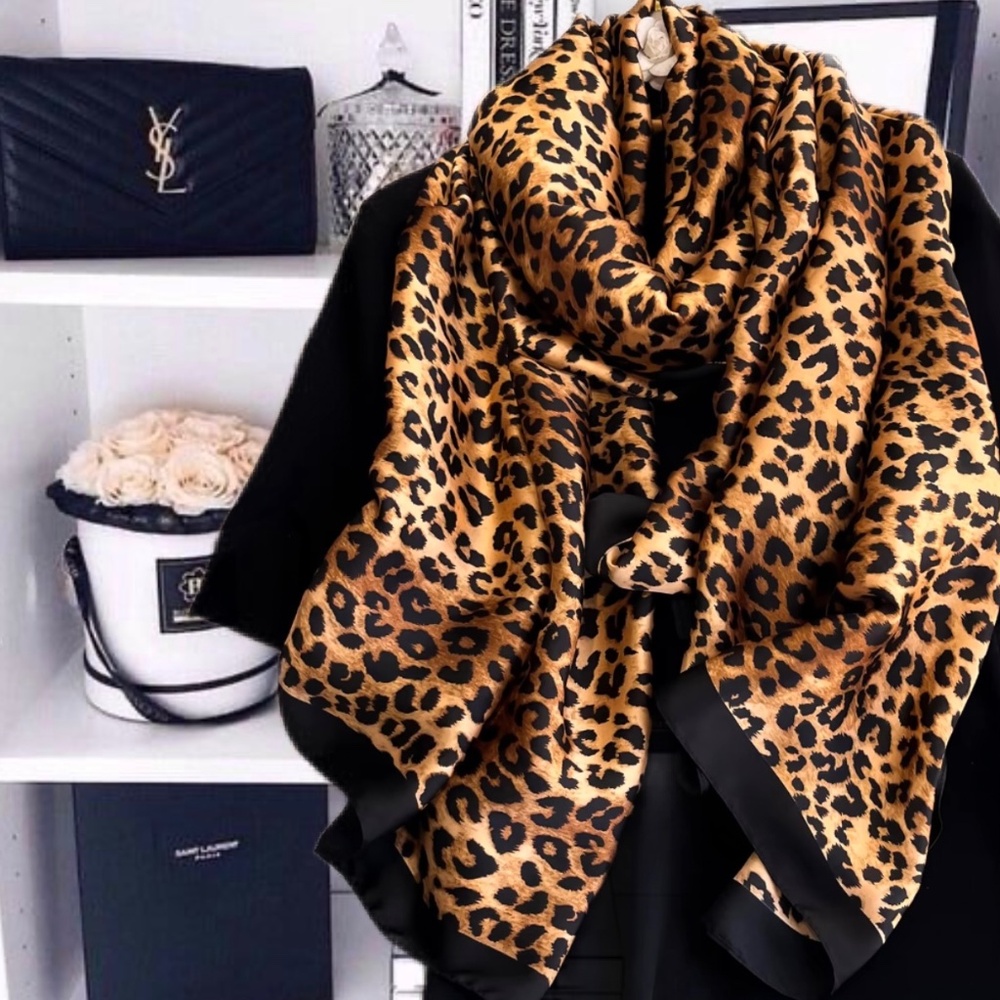 Luxury 100% SILK SATIN Large Shawl Leopard Print Scarf Animal Print Wrap Coverup